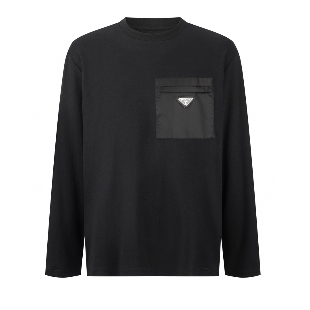 PRADA 普拉达 纯色尼龙口袋logo徽标 T恤 长袖 黑色 