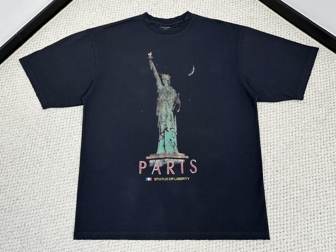 Balenciaga 巴黎世家 自由女神雕像字母logo印花短袖 T恤 圆领 短款 夏季 黑色 764235TQVR91083