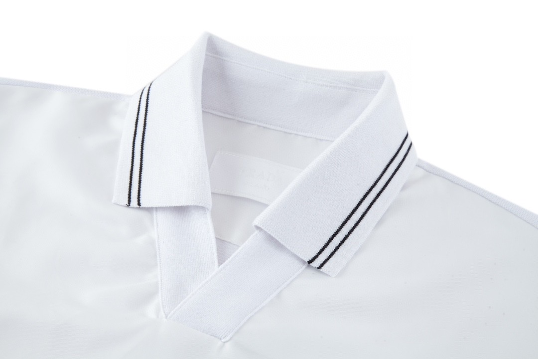 PRADA 普拉达 条纹拼接V领Polo衫 短袖 T恤 白色