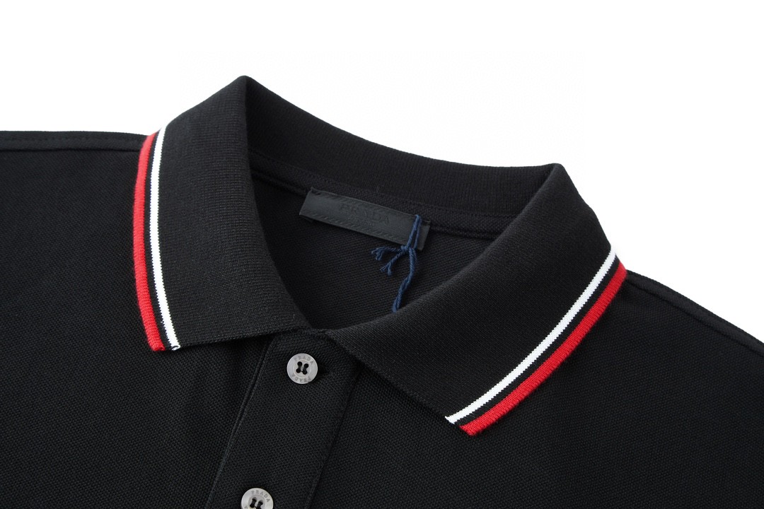 PRADA 普拉达 领口袖口条纹皮标Polo衫 短袖 T恤 黑色 SJN256-322-F0AA9