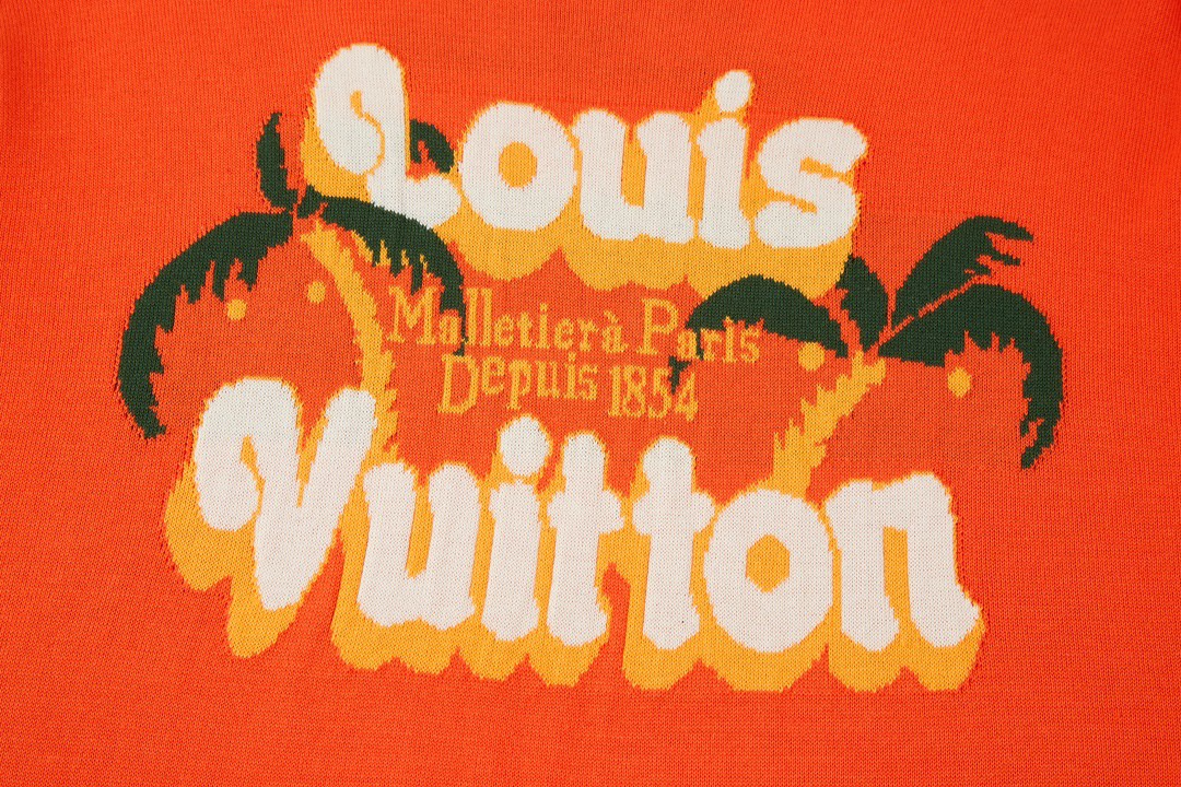 LOUIS VUITTON 路易威登 度假风字母logo图案嵌花针织短袖 圆领 T 恤 上衣 夏款 橘色 1AFQQZ