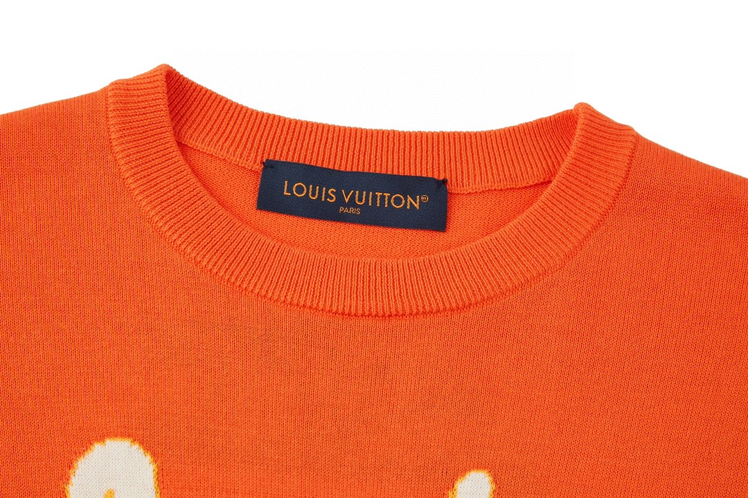 LOUIS VUITTON 路易威登 度假风字母logo图案嵌花针织短袖 圆领 T 恤 上衣 夏款 橘色 1AFQQZ