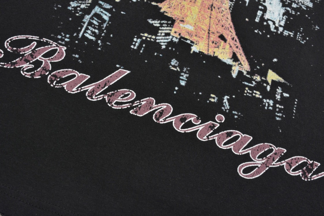 Balenciaga 巴黎世家 东京铁塔字母logo短袖 T恤 圆领 短款 夏季 黑色