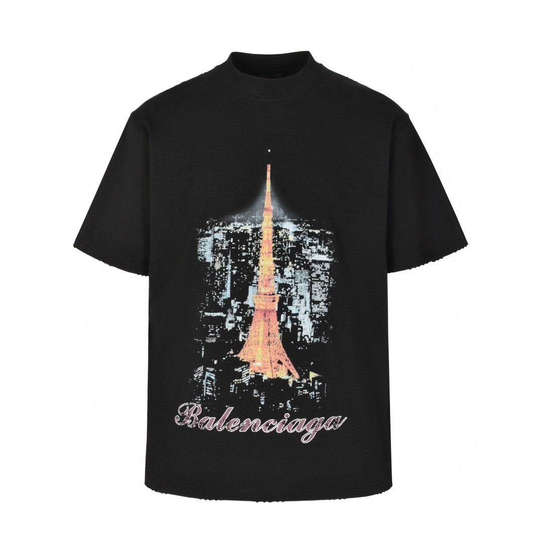 Balenciaga 巴黎世家 东京铁塔字母logo短袖 T恤 圆领 短款 夏季 黑色