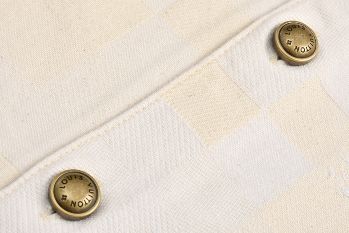 LOUIS VUITTON 路易威登 马赛克格子刺绣牛仔衬衫 短袖上衣 夏款 米色 1AFQZJ