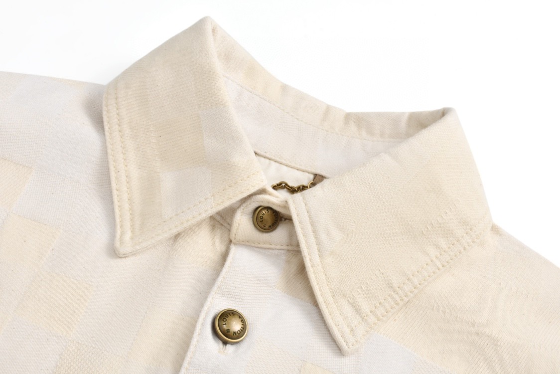 LOUIS VUITTON 路易威登 马赛克格子刺绣牛仔衬衫 短袖上衣 夏款 米色 1AFQZJ