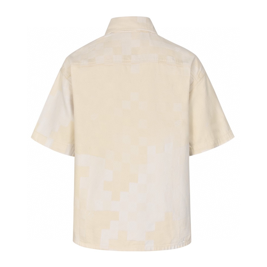 LOUIS VUITTON 路易威登 马赛克格子刺绣牛仔衬衫 短袖上衣 夏款 米色 1AFQZJ