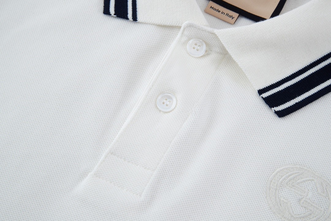 GUCCI 古驰 胸口刺绣logo条纹边饰Polo衫 短袖 T恤 夏季 白色