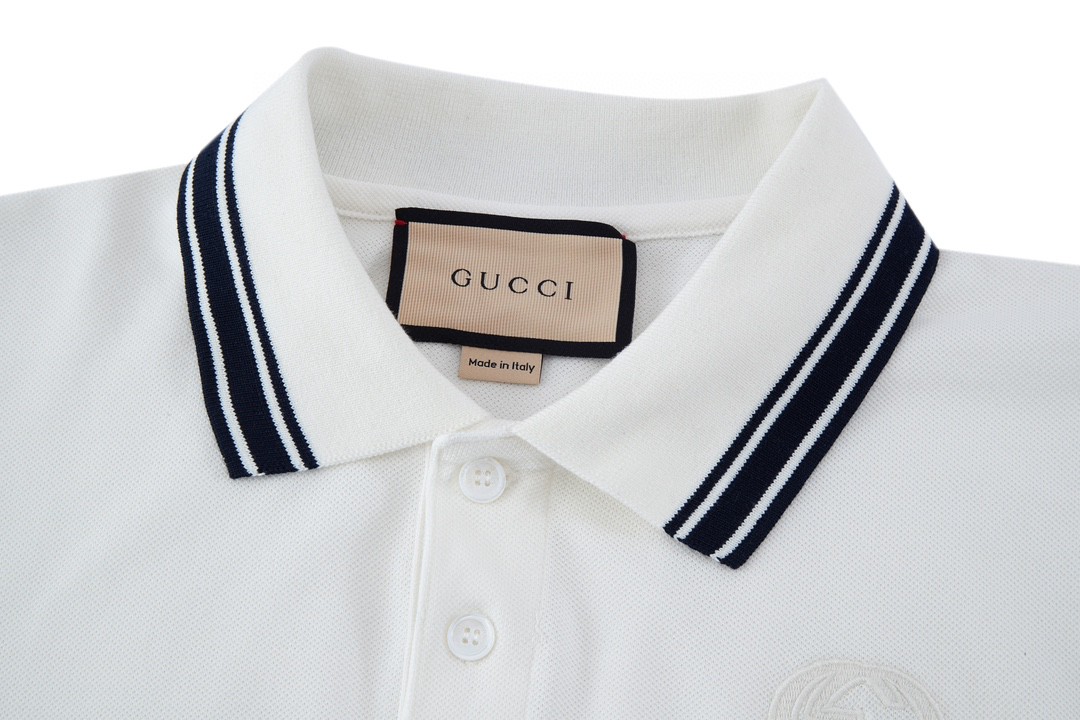 GUCCI 古驰 胸口刺绣logo条纹边饰Polo衫 短袖 T恤 夏季 白色