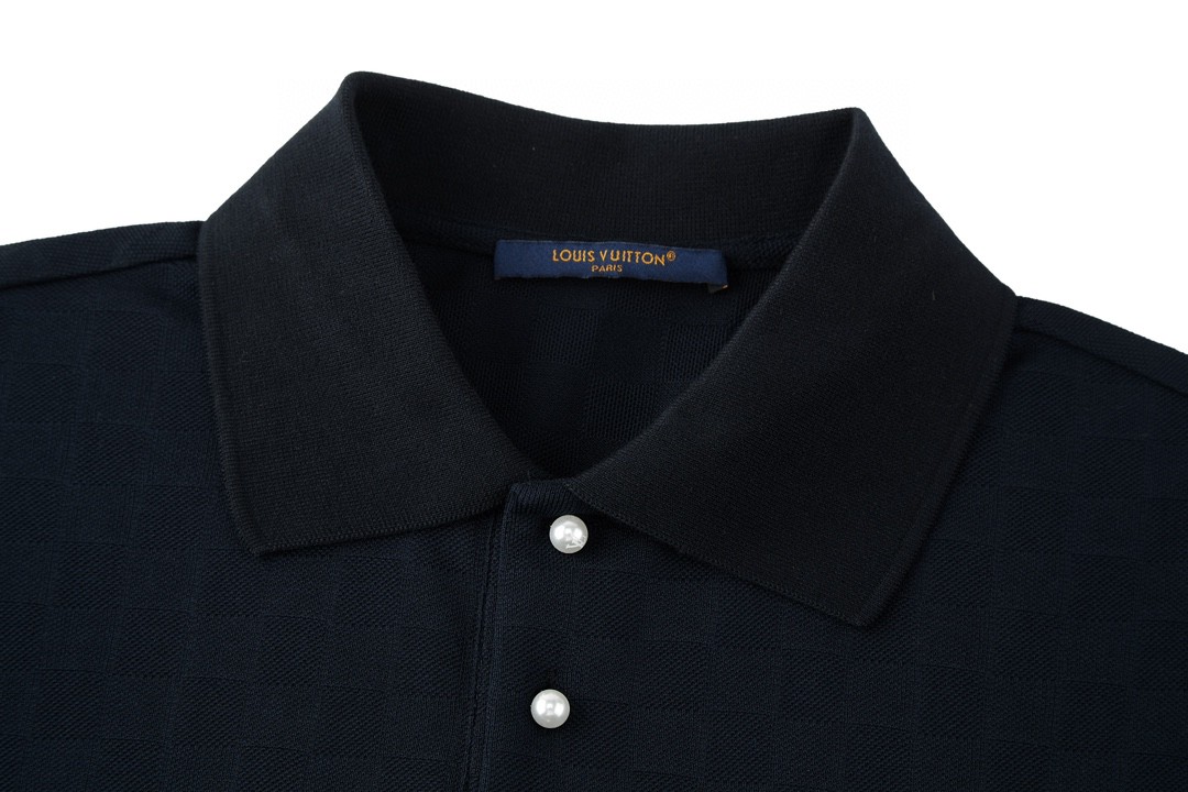 LOUIS VUITTON 路易威登 刺绣字母logo棋盘格针织扣Polo衫 短袖 T 恤 上衣 夏款 黑色