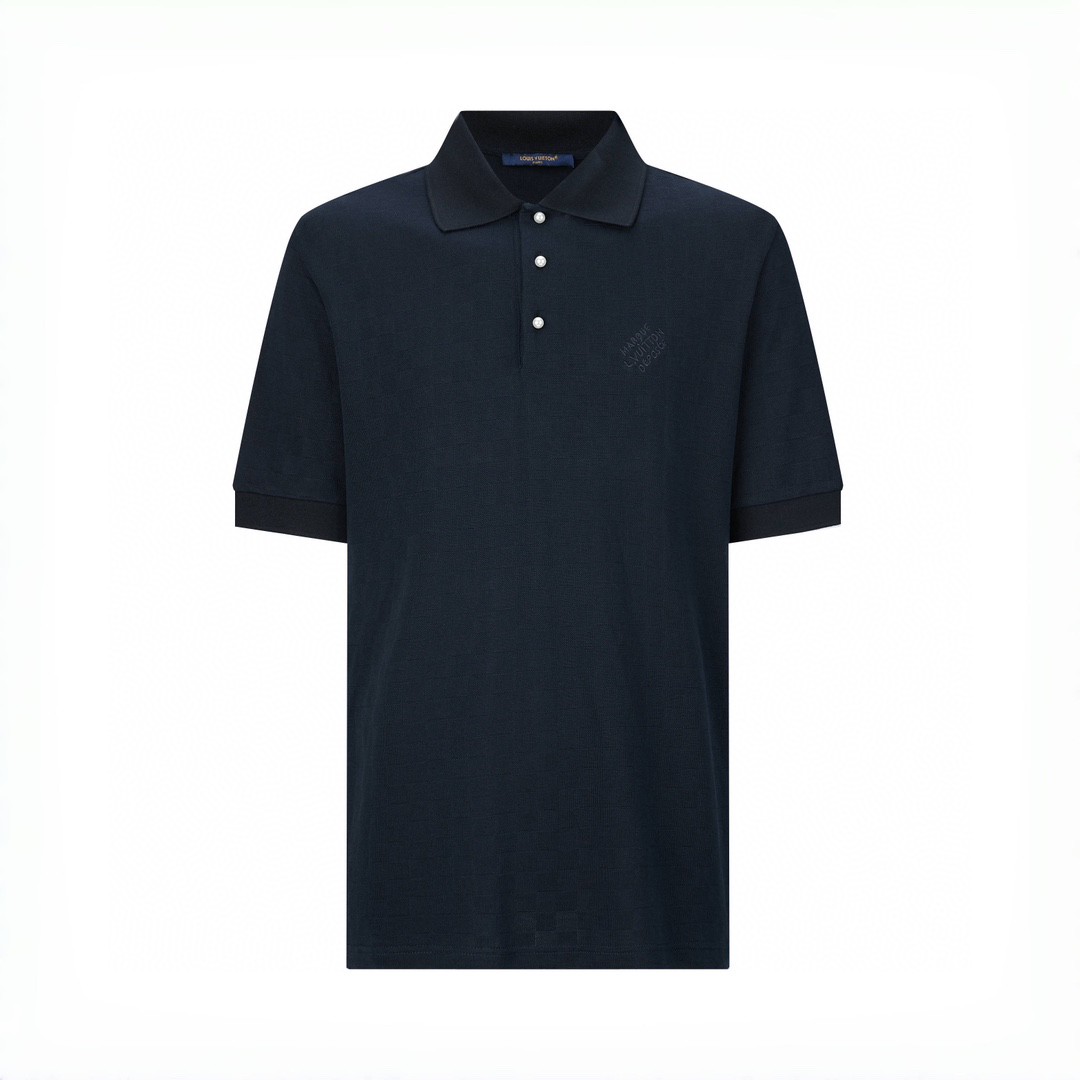 LOUIS VUITTON 路易威登 刺绣字母logo棋盘格针织扣Polo衫 短袖 T 恤 上衣 夏款 黑色