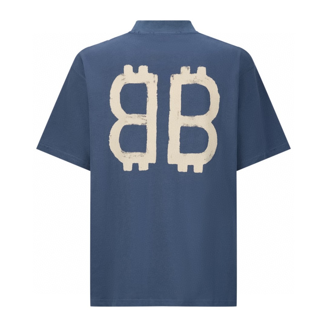 Balenciaga 巴黎世家 比特币双B泥染印花短袖 T恤 圆领 短款 夏季 蓝色 739028TOVU64108