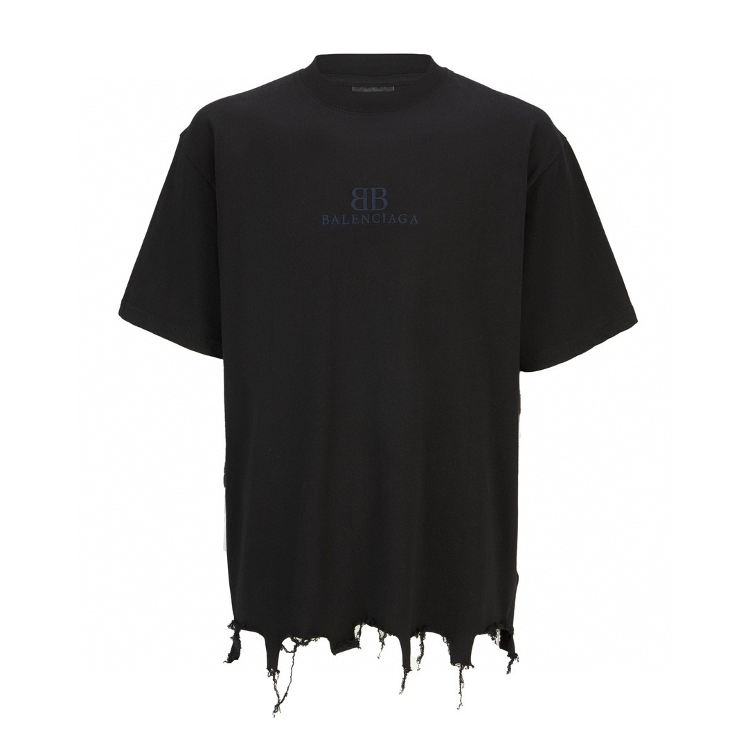 Balenciaga 巴黎世家 下摆流苏字母刺绣Logo 短袖 T恤 圆领 短款 夏季 黑色