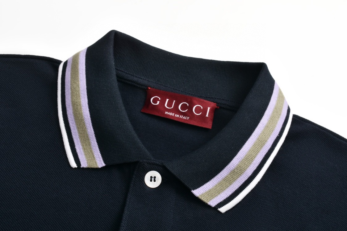 GUCCI 古驰 字母刺绣条纹边饰Polo衫 短袖 T恤 夏季 海军蓝 788024-XJGJY-4215