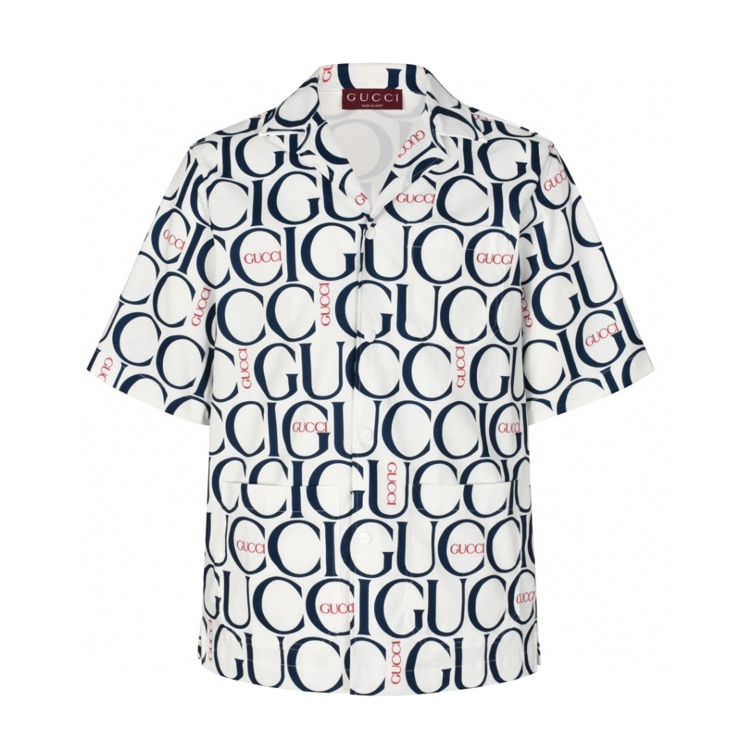 GUCCI 古驰 Maxi Print Fabric Shirt V领纽扣 Logo满印短袖 夏季 白色 790723-ZAQL4-9059
