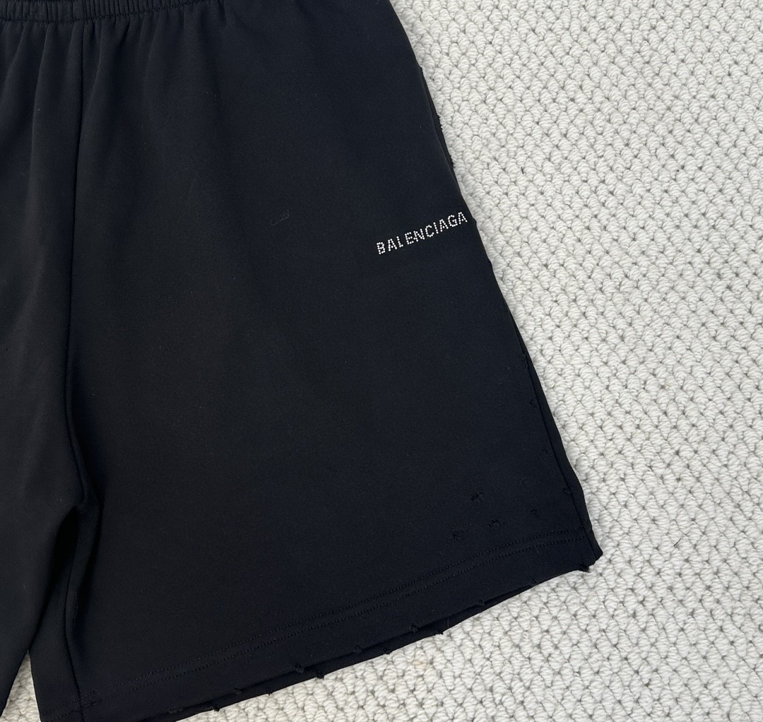 Balenciaga 巴黎世家 破洞水钻字母logo短裤 五分裤 休闲裤 运动裤 夏季 黑色 