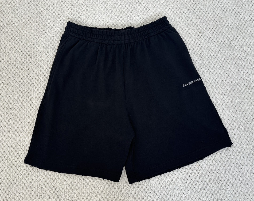 Balenciaga 巴黎世家 破洞水钻字母logo短裤 五分裤 休闲裤 运动裤 夏季 黑色 