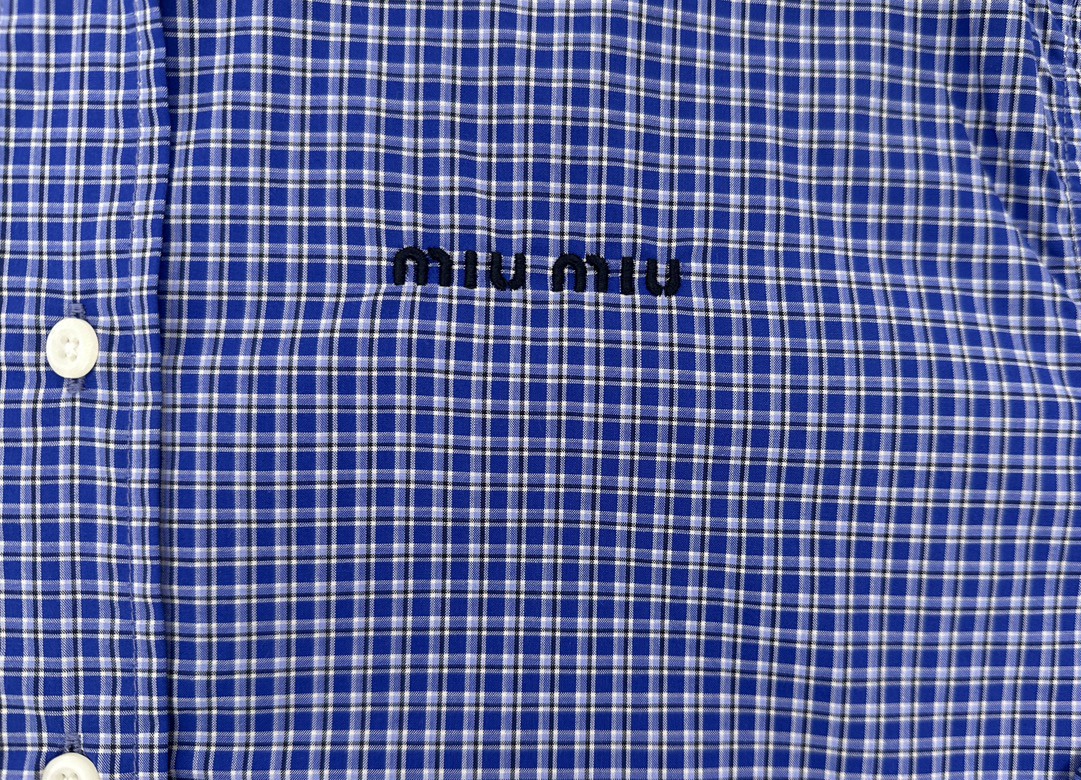 MIU MIU 缪缪 SS24 格纹字母刺绣Logo单排扣衬衫 长袖 外套 宝石蓝 MK1842-142K-F0013-S-OOO
