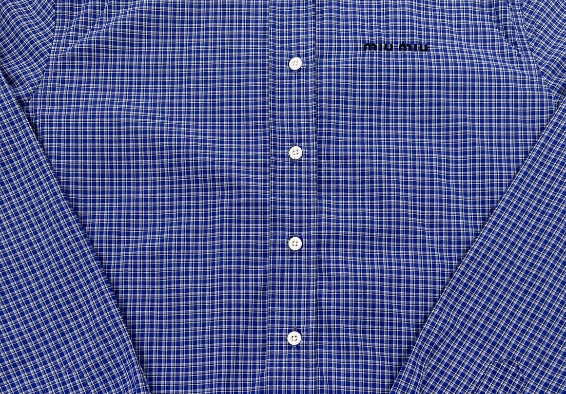 MIU MIU 缪缪 SS24 格纹字母刺绣Logo单排扣衬衫 长袖 外套 宝石蓝 MK1842-142K-F0013-S-OOO