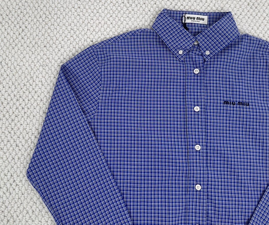MIU MIU 缪缪 SS24 格纹字母刺绣Logo单排扣衬衫 长袖 外套 宝石蓝 MK1842-142K-F0013-S-OOO