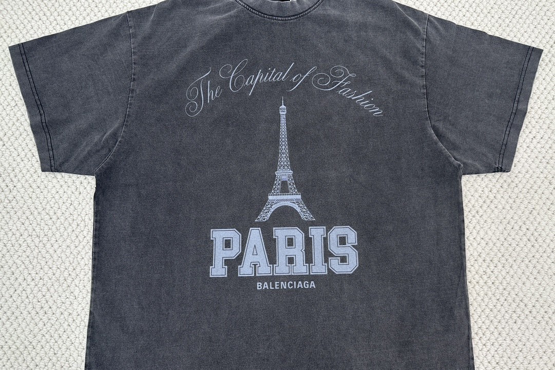 Balenciaga 巴黎世家 巴黎铁塔字母logo印花做旧短袖 T恤 夏季 黑色 787349TRVV11048
