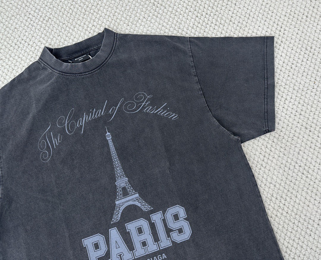 Balenciaga 巴黎世家 巴黎铁塔字母logo印花做旧短袖 T恤 夏季 黑色 787349TRVV11048