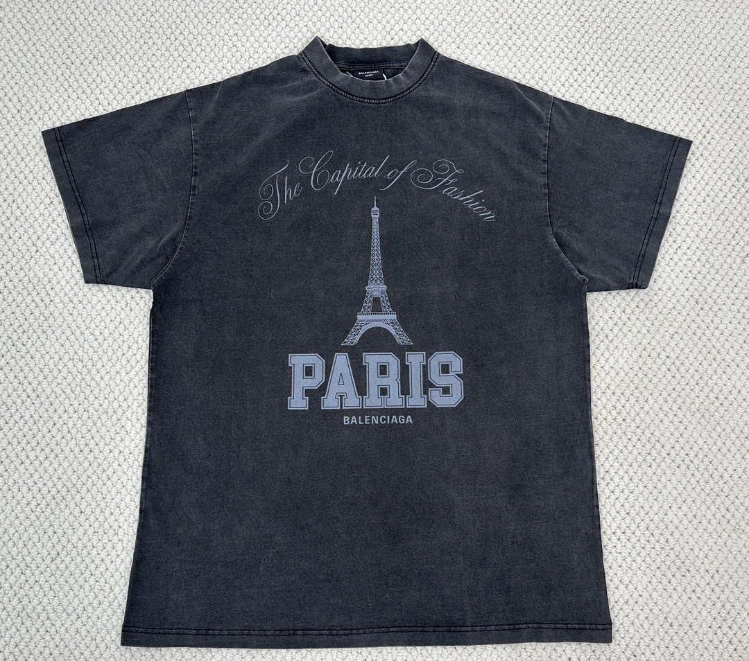 Balenciaga 巴黎世家 巴黎铁塔字母logo印花做旧短袖 T恤 夏季 黑色 787349TRVV11048