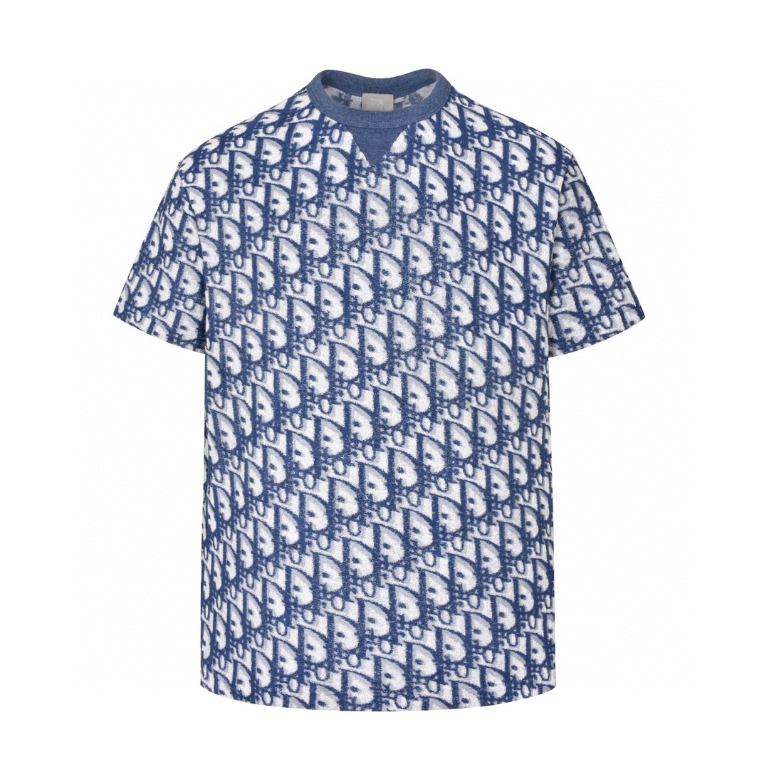 DIOR 迪奥 毛巾棉logo满印短袖 圆领 T恤 夏季 蓝色 483J646A0906-C185