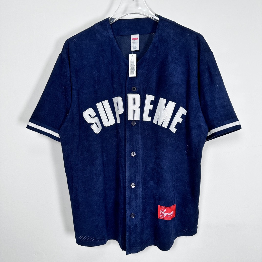 Supreme SS24 WEEK13 ULTRASUEDE MESH BASEBALL JERSEY 字母logo麂皮棒球衫 短袖 T恤 黑色 海军蓝 灰色 SUP-SS24-210