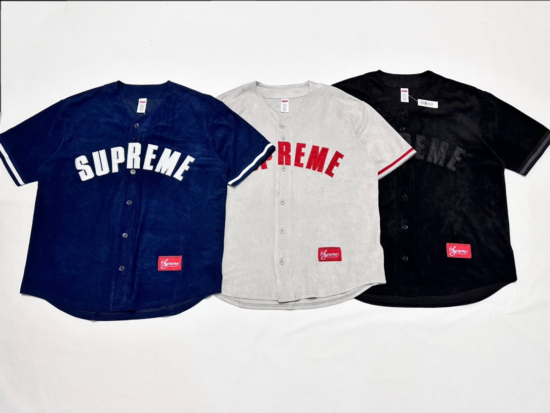 Supreme SS24 WEEK13 ULTRASUEDE MESH BASEBALL JERSEY 字母logo麂皮棒球衫 短袖 T恤 黑色 海军蓝 灰色 SUP-SS24-210