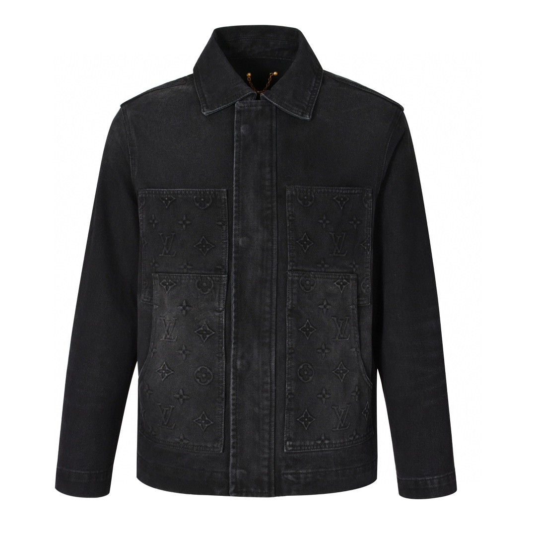LOUIS VUITTON 路易威登 浮雕压花翻领牛仔外套 牛仔衣 上衣 夹克 外套 黑色 1AFVA6