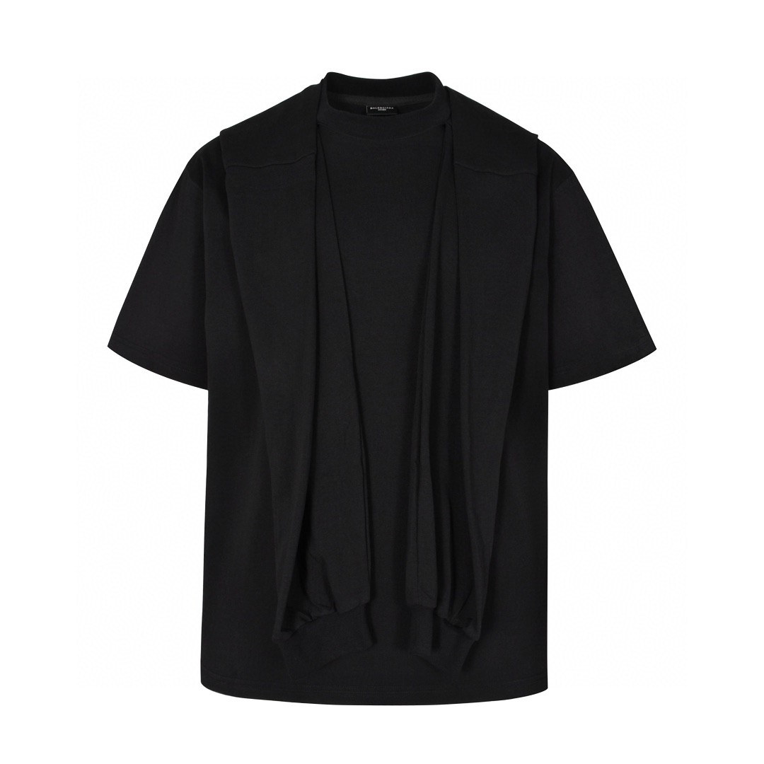 Balenciaga 巴黎世家 连帽假两件字母logo刺绣短袖 T恤 夏季 黑色