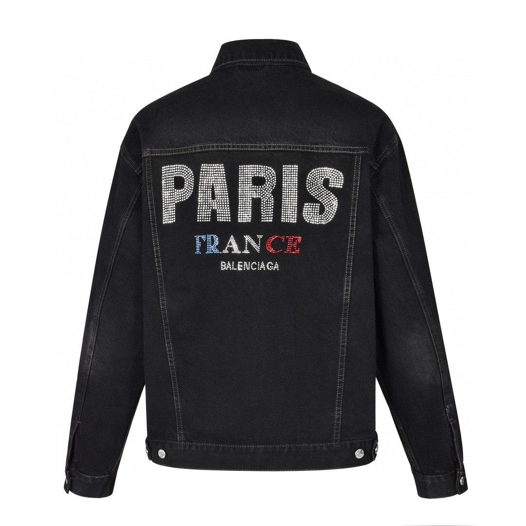 Balenciaga 巴黎世家 后背彩色烫钻牛仔外套 长袖 夹克 秋冬 黑灰色