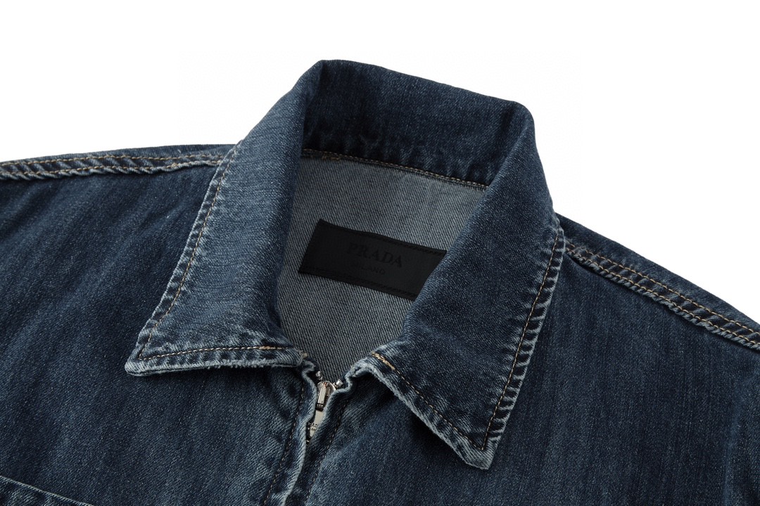 PRADA 普拉达 纯色logo徽标拉链工装牛仔外套 长袖 夹克 蓝色 GEB255-14PW-F0008-SOOO