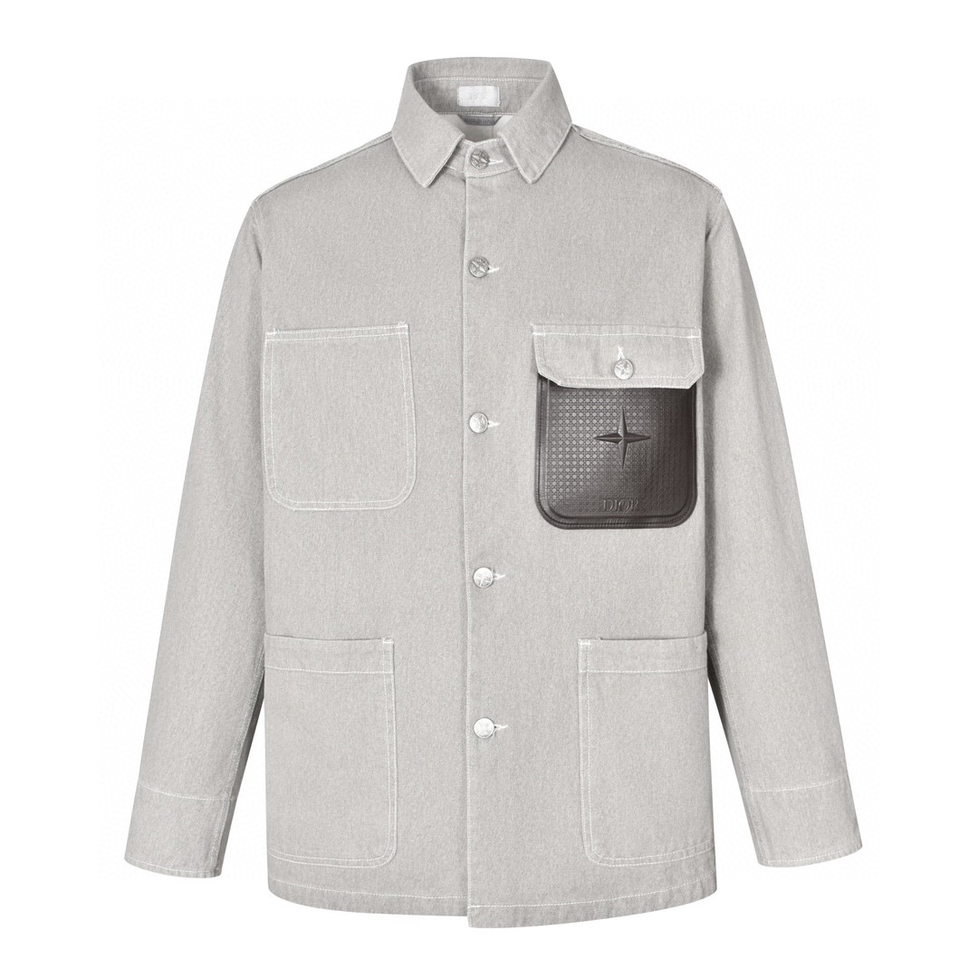 DIOR 迪奥 STONE ISLAND 石头岛联名 贴皮口袋牛仔外套 衬衫 长袖 浅灰色