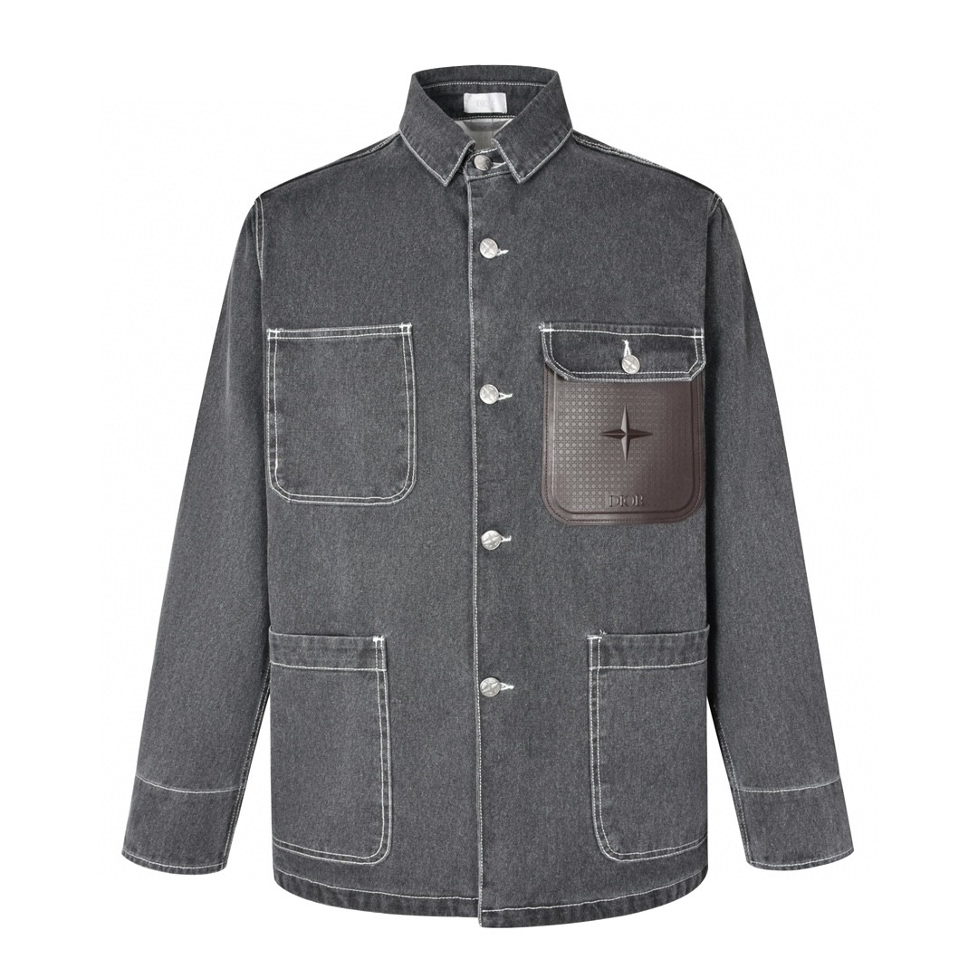 DIOR 迪奥 STONE ISLAND 石头岛联名 贴皮口袋牛仔外套 衬衫 长袖 深灰色 