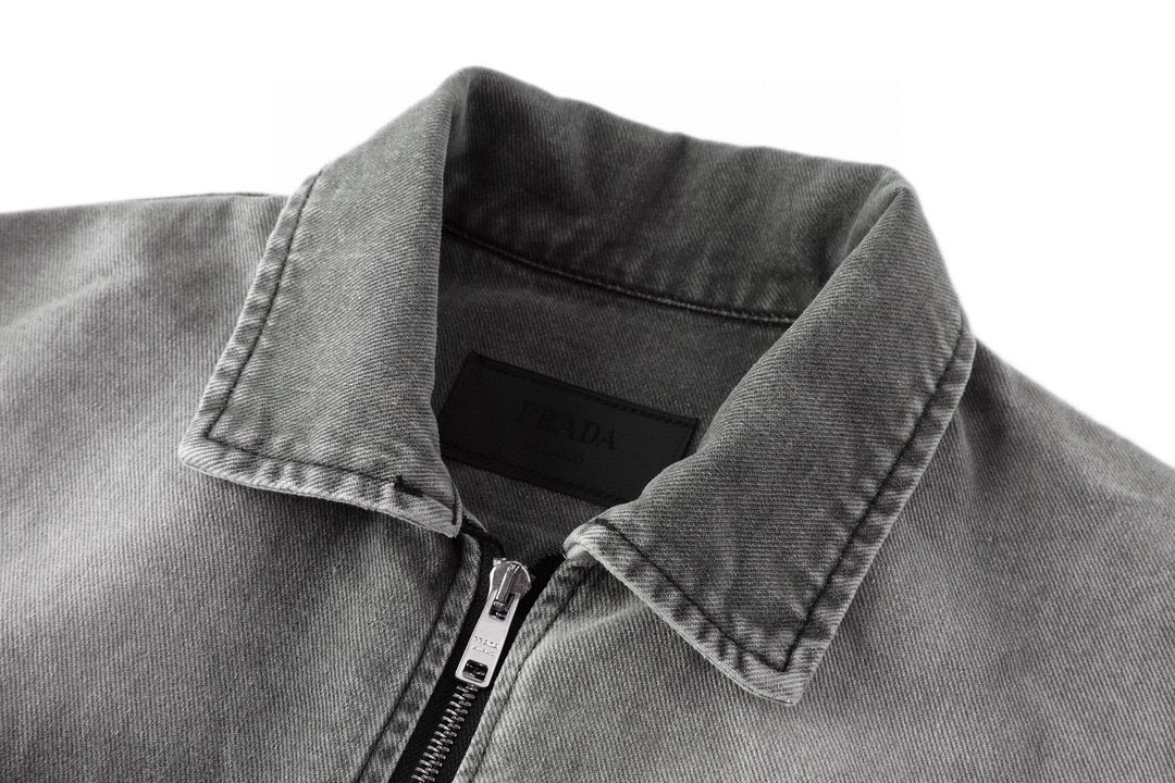 PRADA 普拉达 做旧logo徽标 拉链牛仔衬衫 外套 长袖 水洗灰 GEC086-13B4-F01AY-S-232