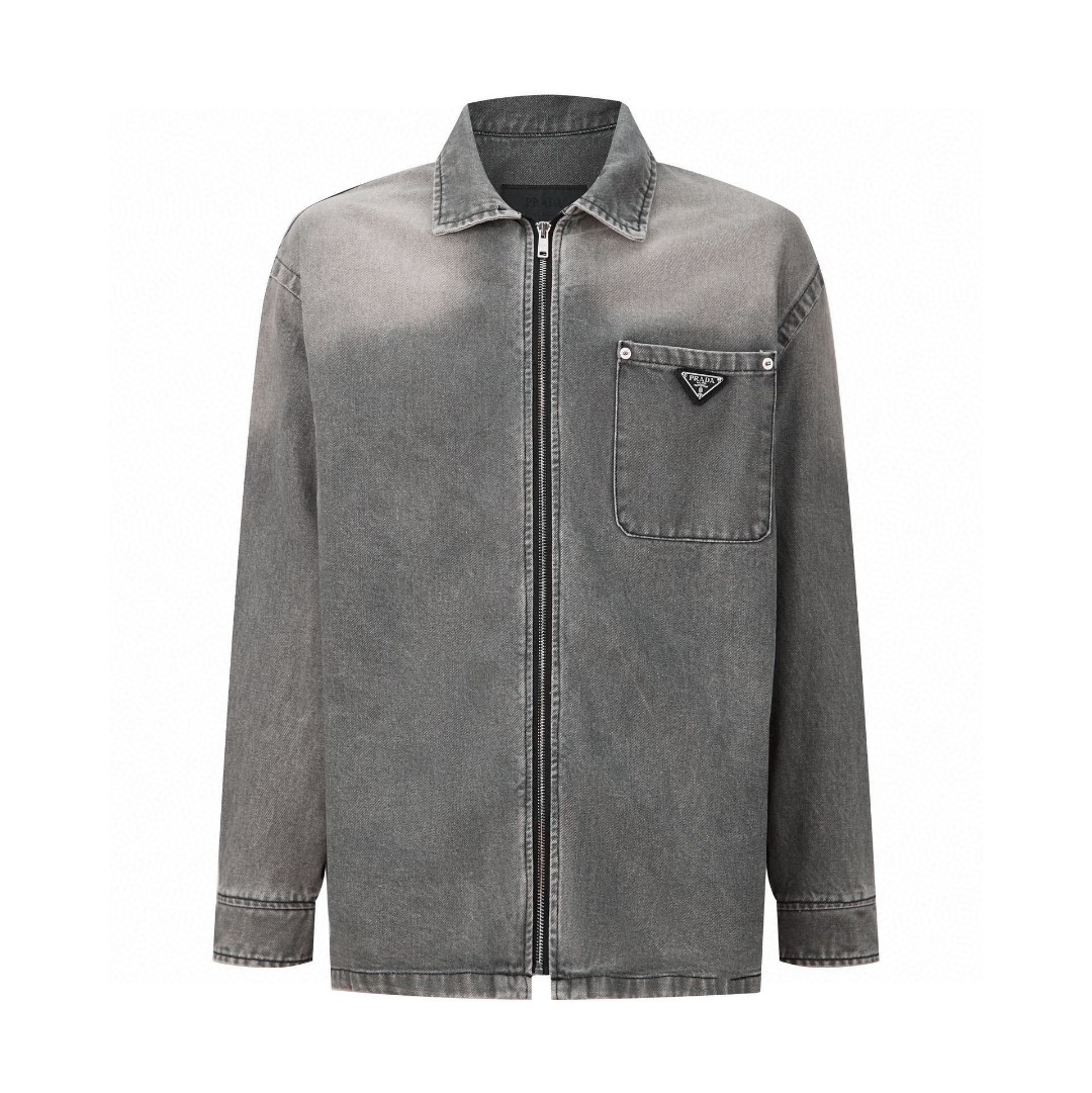 PRADA 普拉达 做旧logo徽标 拉链牛仔衬衫 外套 长袖 水洗灰 GEC086-13B4-F01AY-S-232