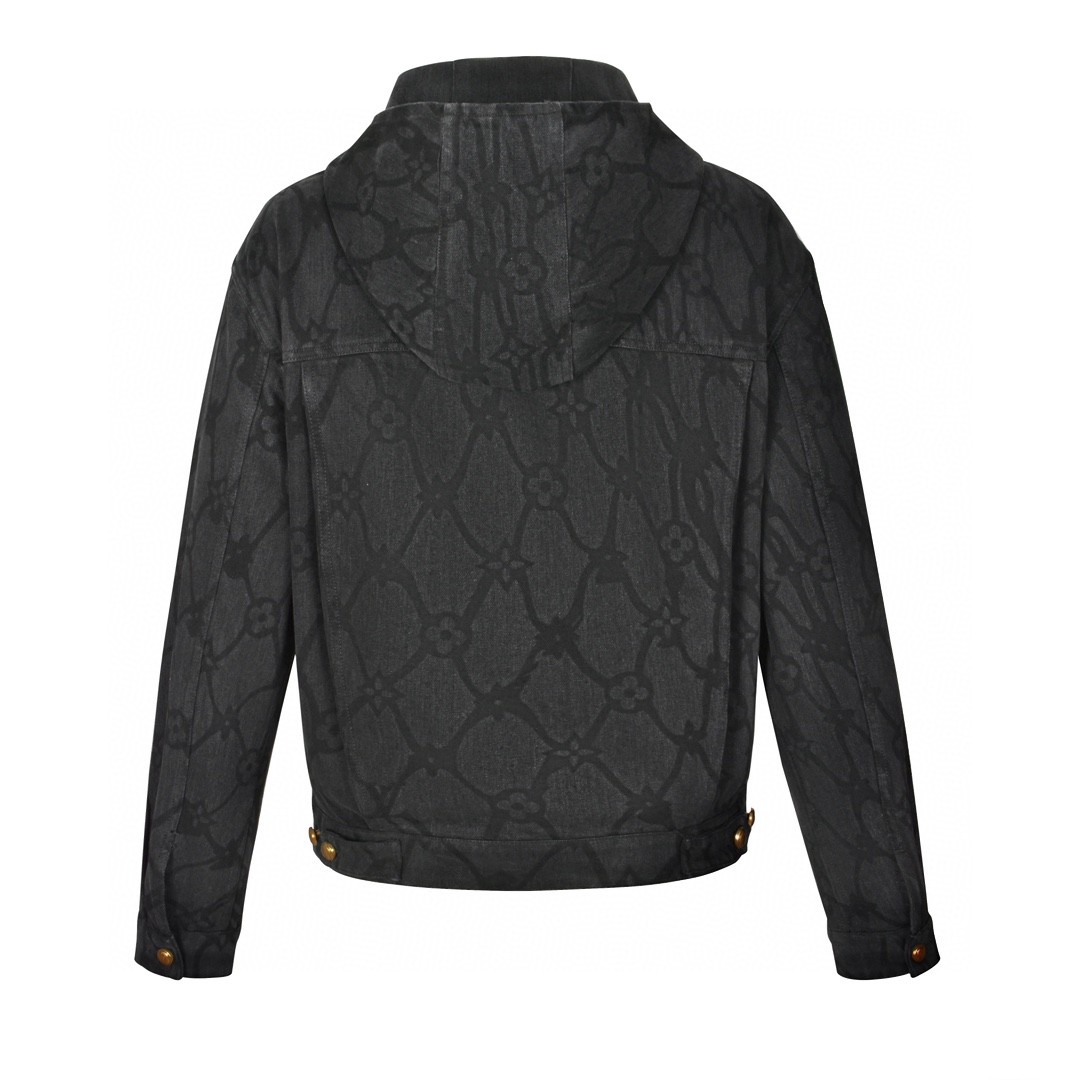 LOUIS VUITTON 路易威登 水网花卉logo拉链纽扣连帽牛仔外套 夹克 长袖 秋冬款 黑灰色 1AFQBK