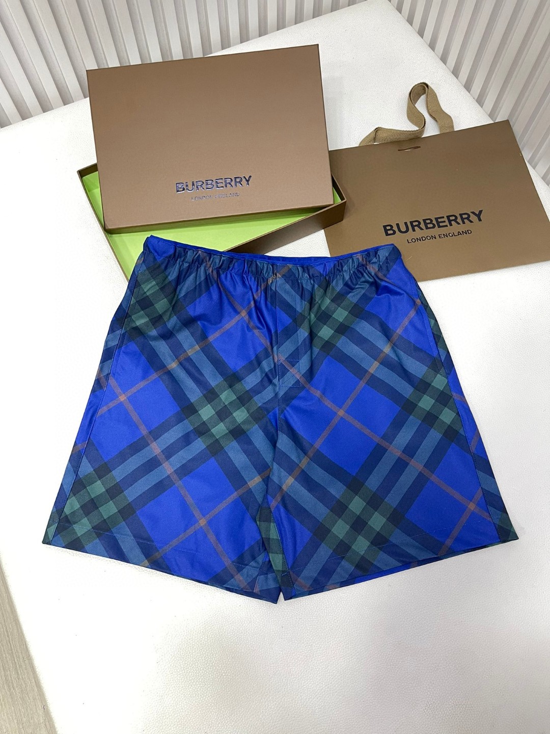 Burberry 巴宝莉 格纹松紧腰短裤 休闲裤 裤子 蓝色 绿色 米色