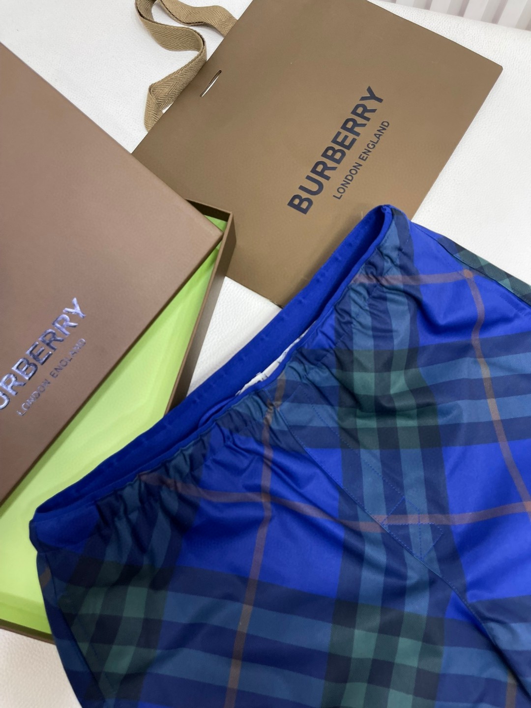 Burberry 巴宝莉 格纹松紧腰短裤 休闲裤 裤子 蓝色 绿色 米色