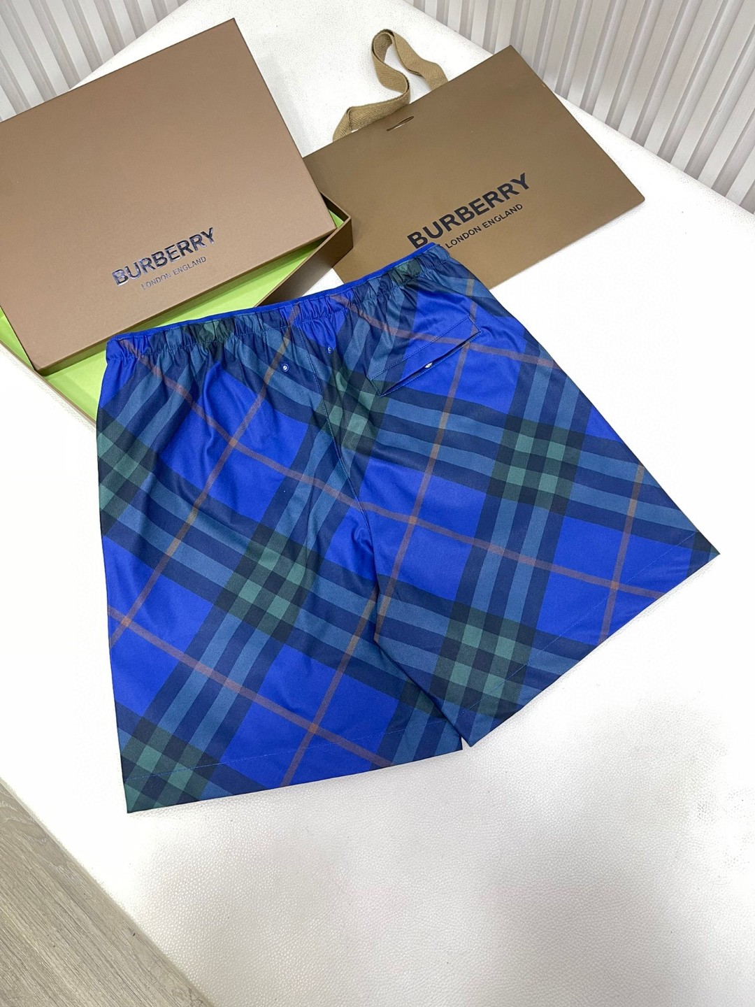 Burberry 巴宝莉 格纹松紧腰短裤 休闲裤 裤子 蓝色 绿色 米色