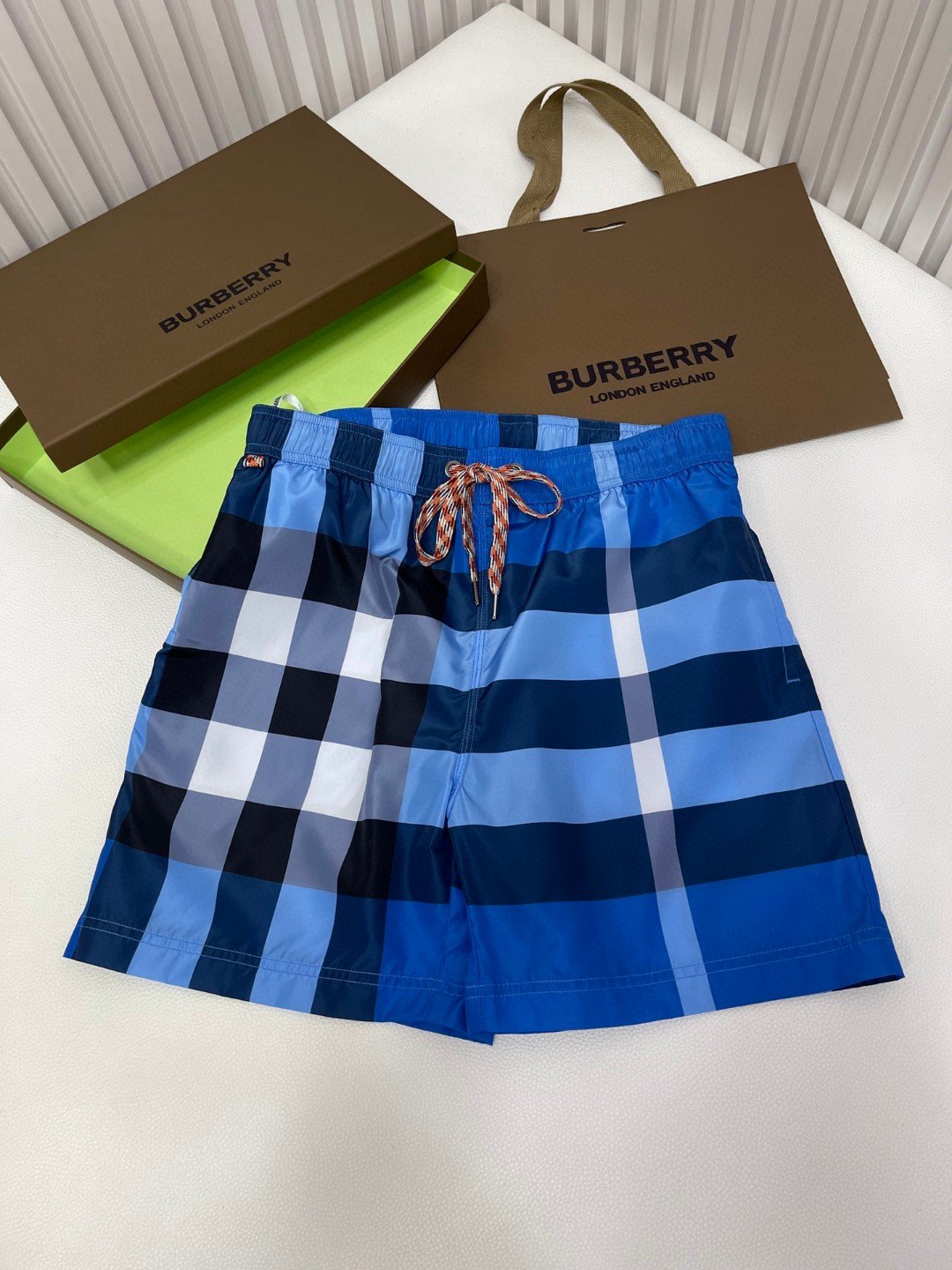 Burberry 巴宝莉 格纹抽绳游泳裤 短裤 裤子 蓝色 80991651