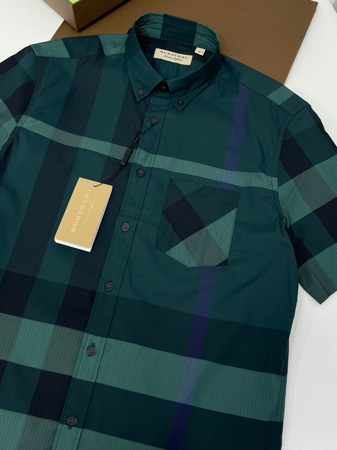 Burberry 巴宝莉 格纹翻领单排扣衬衫 短袖 夏季 蓝色 黑色 绿色 80876371