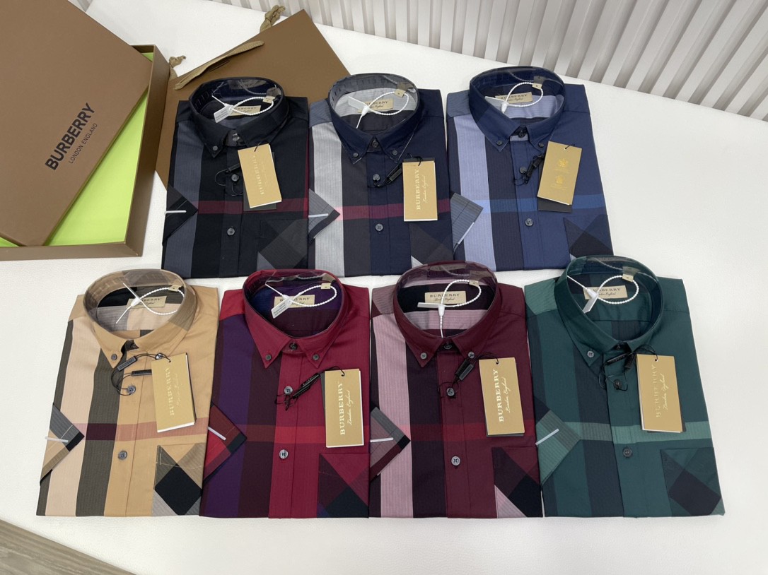 Burberry 巴宝莉 格纹翻领单排扣衬衫 短袖 夏季 蓝色 黑色 绿色 80876371
