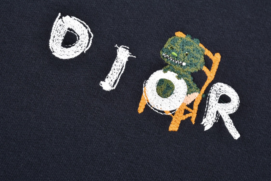 DIOR 迪奥 破洞卡通恐龙刺绣字母Logo图案拉链连帽卫衣 长袖 外套 深蓝色 413J647A0807-C580
