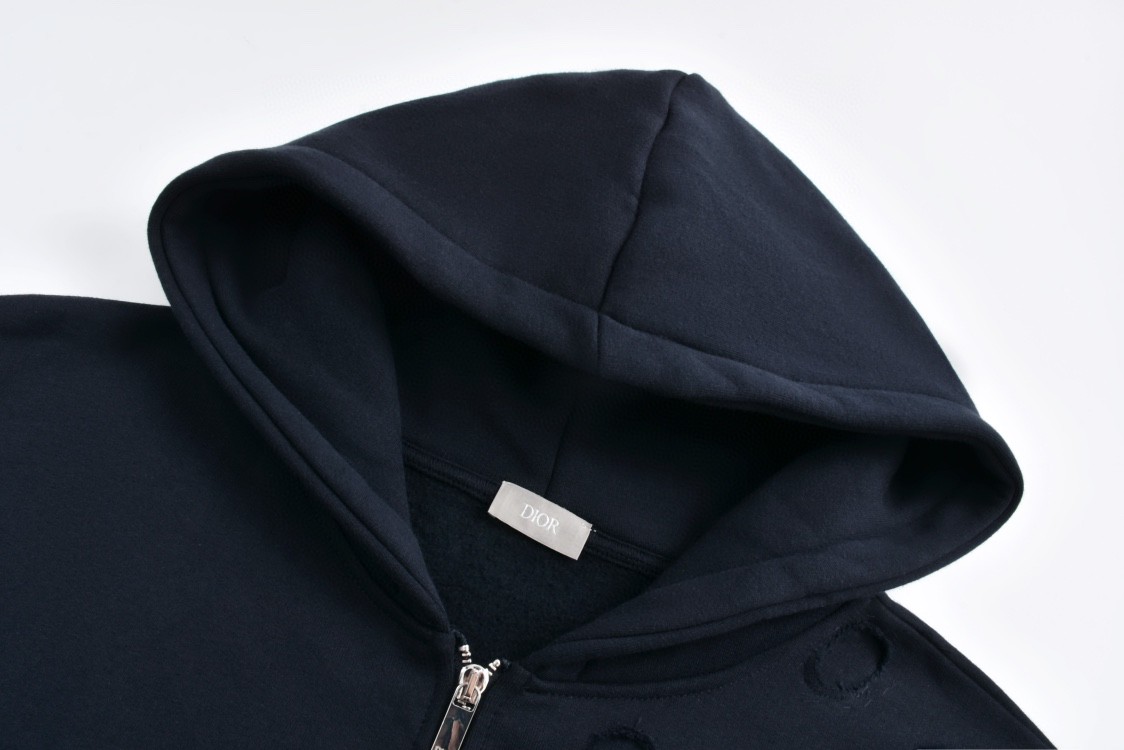 DIOR 迪奥 破洞卡通恐龙刺绣字母Logo图案拉链连帽卫衣 长袖 外套 深蓝色 413J647A0807-C580