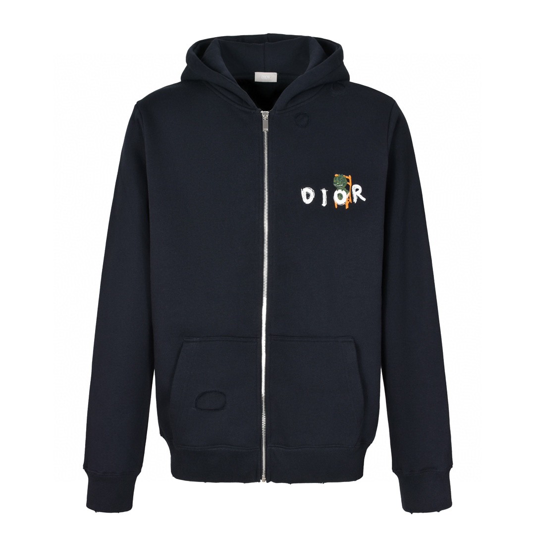 DIOR 迪奥 破洞卡通恐龙刺绣字母Logo图案拉链连帽卫衣 长袖 外套 深蓝色 413J647A0807-C580