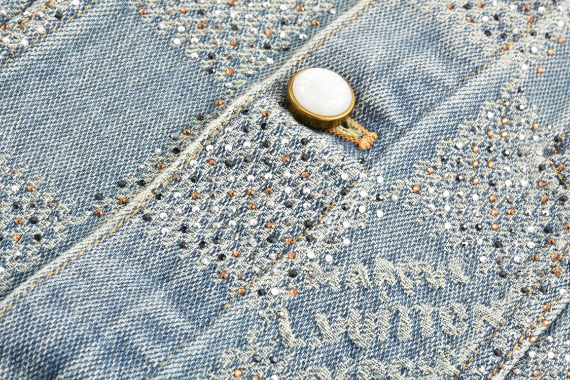 LOUIS VUITTON 路易威登 满钻棋盘格单排扣牛仔外套 夹克 长袖 外套 牛仔衣 浅蓝色 