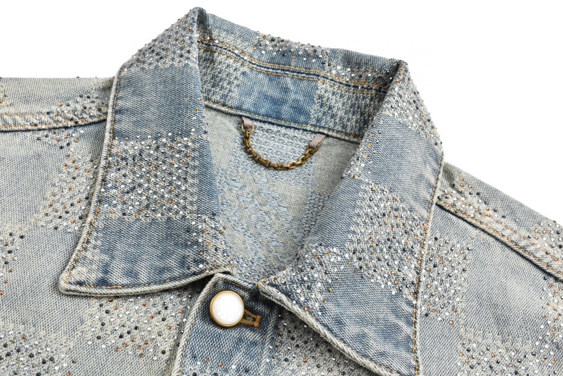 LOUIS VUITTON 路易威登 满钻棋盘格单排扣牛仔外套 夹克 长袖 外套 牛仔衣 浅蓝色 